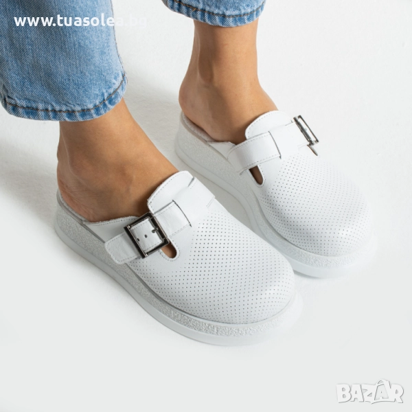 Бяло анатомично работно сабо от естествена кожа | Марка Tuasolea, снимка 1