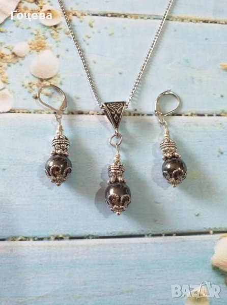 Красив комплект бижута с камъни Хематит и орнаменти в цвят сребро, снимка 1