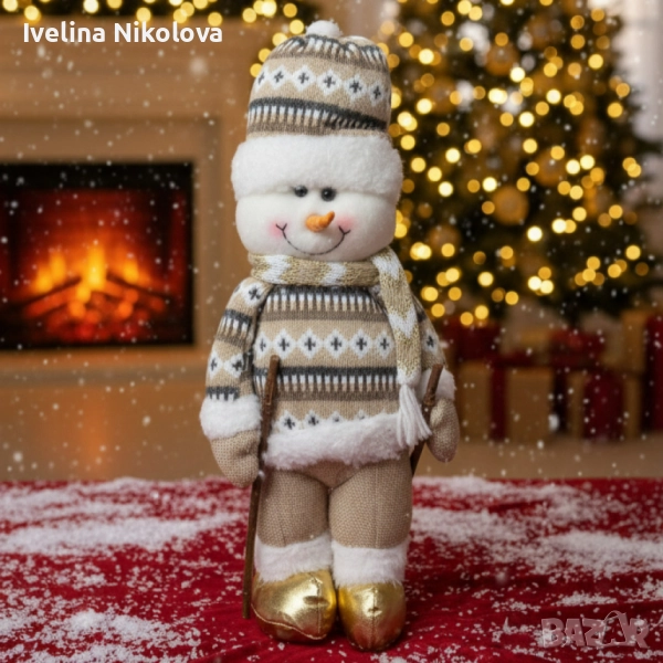 Коледна играчка Снежен човек с плетен костюм и златни ботушки, снимка 1