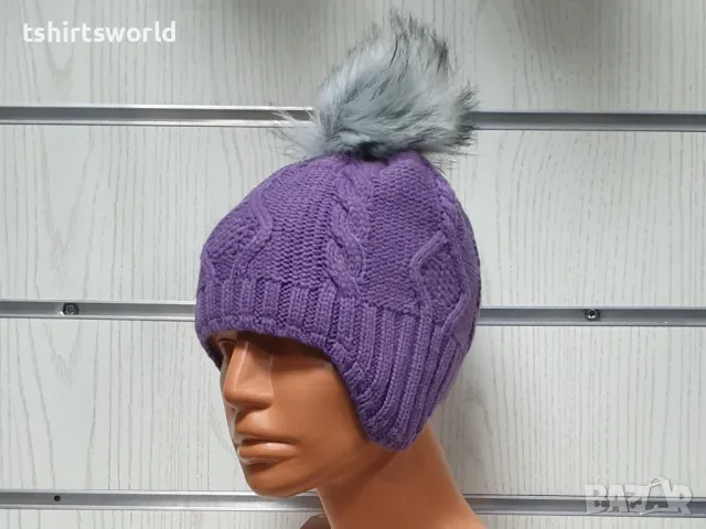 Нова детска зимна шапка тип ушанка с помпон в светлолилав цвят, снимка 5 - Шапки, шалове и ръкавици - 47894032