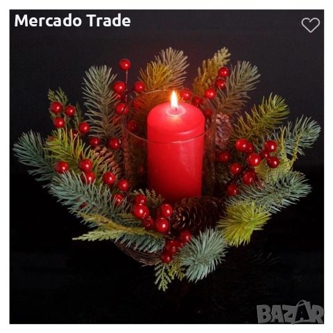 Коледен венец с поставка за свещ Mercado Trade, Метал, Борови клонки, Зелен 