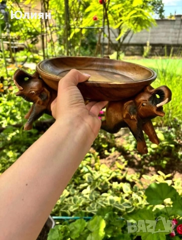 Купа от тиково дърво върху три слона, снимка 3 - Декорация за дома - 51571128