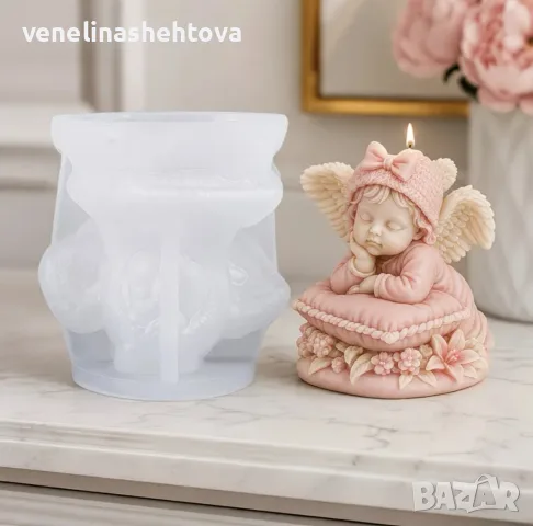 3D спящо дете ангел върху възглавничка с цветя силиконов молд форма свещи гипс сапун смола декорация