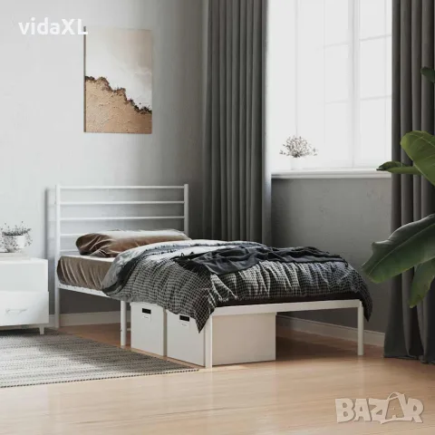 vidaXL Метална рамка за легло с горна табла, бяла, 80x200 см, снимка 4 - Спални и легла - 56147206