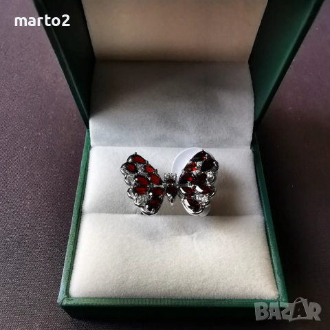 Сребърен 925 пръстен - Пеперуда с Родиево покритие и Натурални Гранати и Циркони!, снимка 6 - Пръстени - 44698842