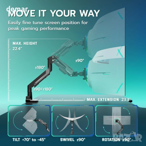 ARES WING газово пружинно рамо за ултраширок монитор плосък/извит 57", снимка 2 - Монитори - 52064697