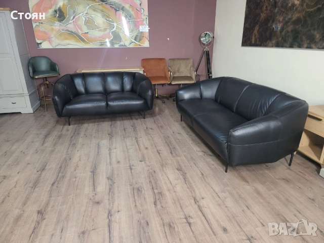 Дизайнерски черен кожен комплект дивани тройка и двойка Pebble, снимка 4 - Дивани и мека мебел - 53694619