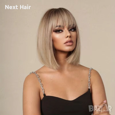 Пепеляво руса перука 35 см с тъмни корени и бретон, снимка 7 - Аксесоари за коса - 53454414