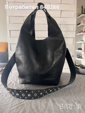 Голяма черна чанта ZARA - естествена кожа + подарък  още една чанта