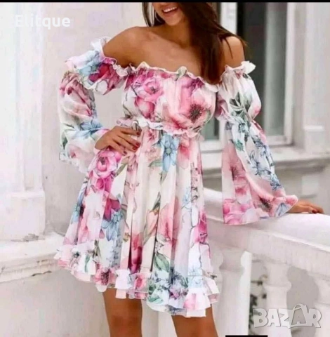 Ефирна флорална рокля с паднали ръкави, снимка 6 - Рокли - 53532622