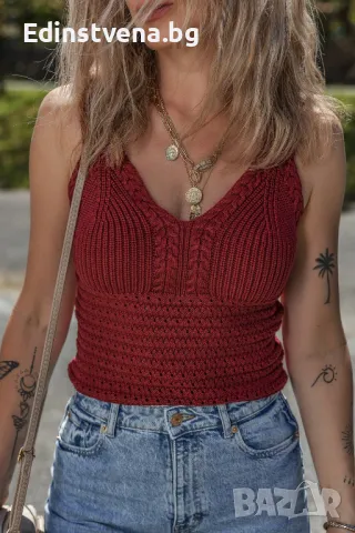 Дамски къс плетен топ в цвят бордо, 100% памук, снимка 1