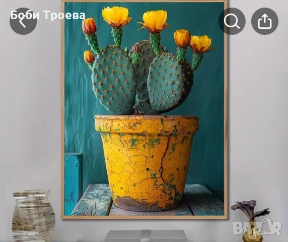 Ярък Печат на Художествен Платно с Кактуси - с Рамка, Рустикален Дървен Фон с Цветни Цветя,, снимка 4 - Картини - 50087032