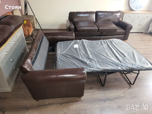 Кафяв кожен комплект дивани четворка и двойка с функция сън, снимка 7 - Дивани и мека мебел - 53755584
