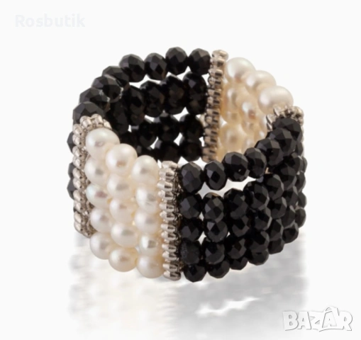 Уникален пръстен с естествени перли и оникс 