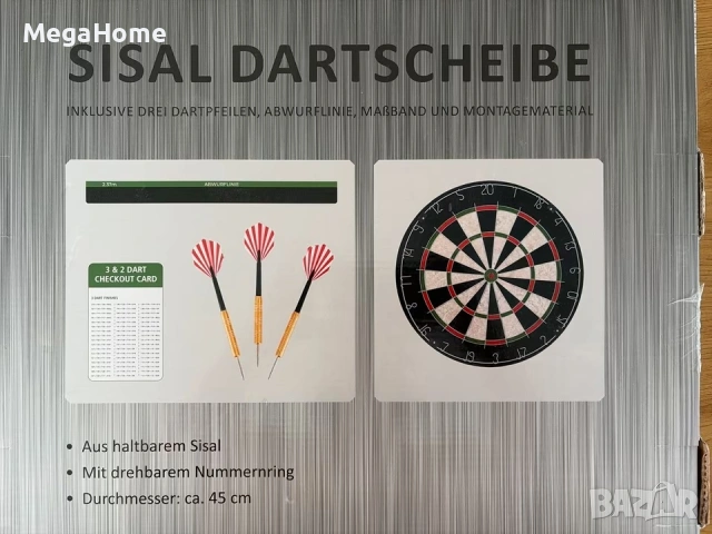 Игра Дартс мишена от сизал 45 см, комплект 3 стрелички, аксесоари за монтаж, снимка 3 - Дартс - 53451599
