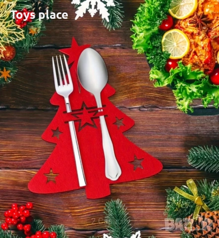 Комплект 12 калъфи за прибор, модел коледна елха, филц, червен Коледна декорация за маса