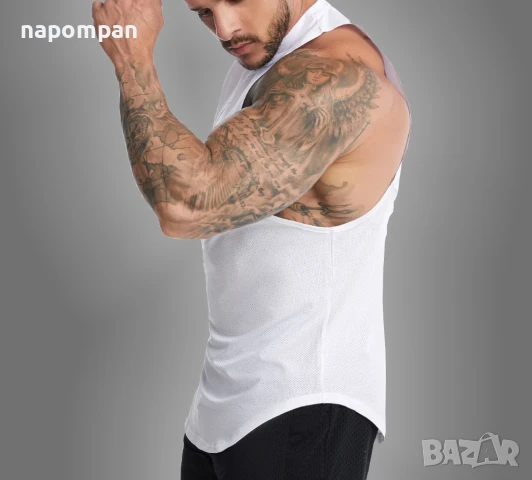 Изрязан Мъжки Бял Потник за Фитнес Тренировка и Ежедневие, снимка 2 - Спортни дрехи, екипи - 51118192