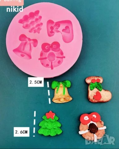 4 коледни фигурки венец камбана елха чорап силиконов молд форма фондан шоколад гипс декор