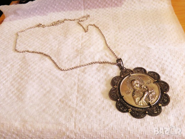 Възрожденска Сребърна икона, амулет, накит, медальон с Богородица, Дева Мария - Панагия 70 мм сребро, снимка 2 - Колиета, медальони, синджири - 35585086