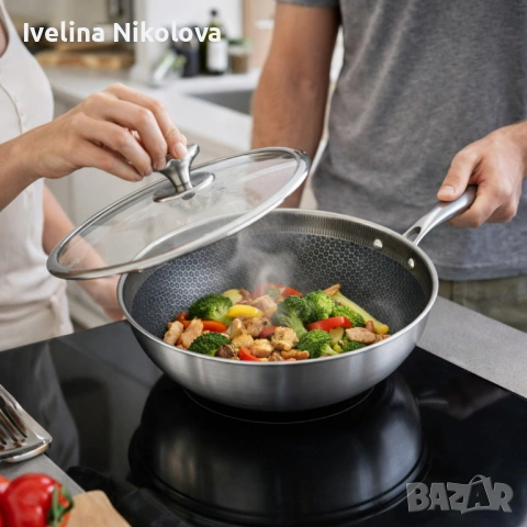 Уок тиган с капак Goldmann Fusionhex Pro GM 1128-28WK, 28x8.5 см., Незалепващо Покритие, Неръждаема , снимка 2 - Съдове за готвене - 53646742