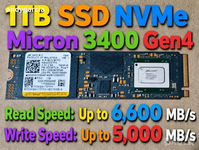  1TB SSD NVMe Micron 3400 M.2 2280 NVMe PCIe Gen4 x4 Solid State Drive disk диск за лаптоп настолен 