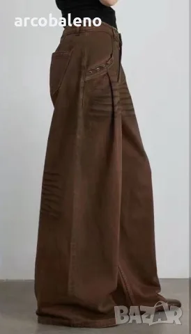 Дамски широки кафяви дънки (Baggy Jeans) с ефект на измиване (sandblast) , снимка 6 - Дънки - 50154490