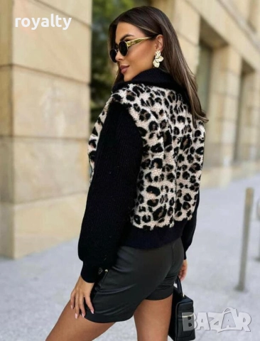 Дамско черно яке с плетен ръкав леопардова шарка, снимка 2 - Якета - 51995958