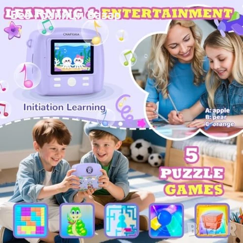 Нова Детска камера с моментен печат 1080P + 32GB + игри (лилава) за деца, снимка 5 - Други - 50940503