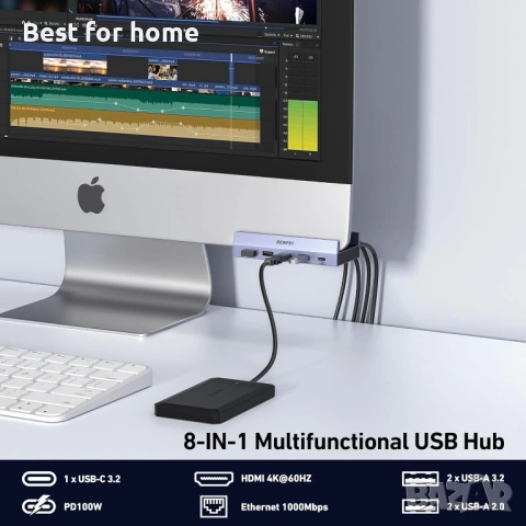 BENFEI 8-в-1 USB C хъб със сигурна скоба – с 4K@60Hz HDMI, Gigabit Ethernet, 100W PD, 10Gbps , снимка 2 - Друга електроника - 53696064