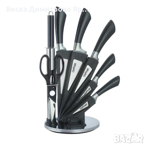 Комплект ножове 8 части със стойка Cheffinger – неръждаема стомана, въртяща се акрилна поставка 360°, снимка 11 - Прибори за хранене, готвене и сервиране - 53717464