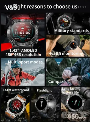 смарт часовник за туризъм с водоустойчив фенер, Черен, AMOLED сензорен екран 1,43", Резолюция 466, снимка 3 - Мъжки - 48304074