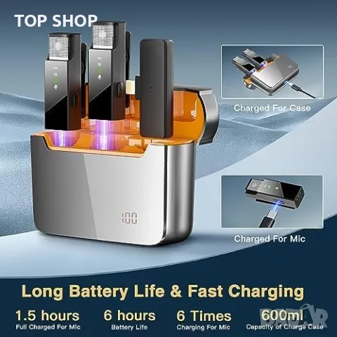 Нови 2 броя Безжични Микрофони  с Кутия за Зареждане iPhone и iPad, снимка 2 - Микрофони - 49321334