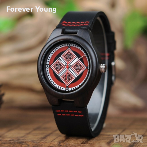 Дамски дървен часовник в бохо стил с циферблат в червено и черно, снимка 1 - Дамски - 36250737