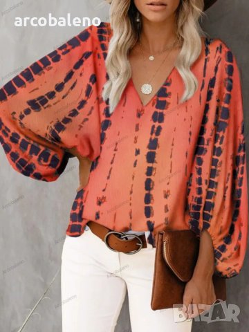 Дамска ежедневна риза с щампован фенерски ръкав с V-образно деколте, 9цвята , снимка 11 - Ризи - 42039048