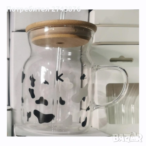  Стъклена чаша боросиликатно стъкло със стъклена сламка,Модел- Milk, Декор - крава, 450мл , снимка 4 - Чаши - 41186595