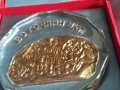 Масивна стъклена плакета 90години БКП фи 13см дебел 2см тегло 600грама в кутия  165х165мм, снимка 3
