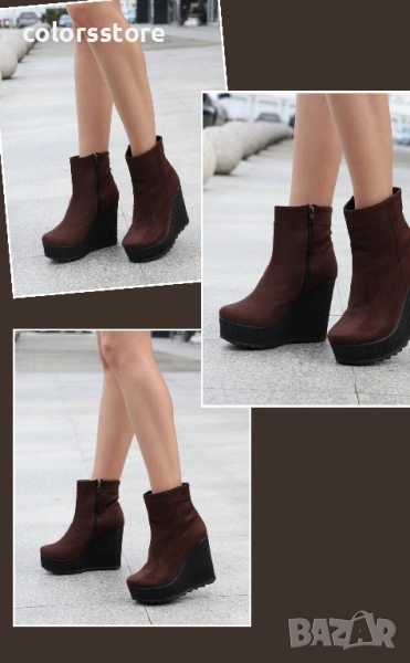 Боти на платформа - кафяв велур с черно ходило - BNP1 , снимка 1