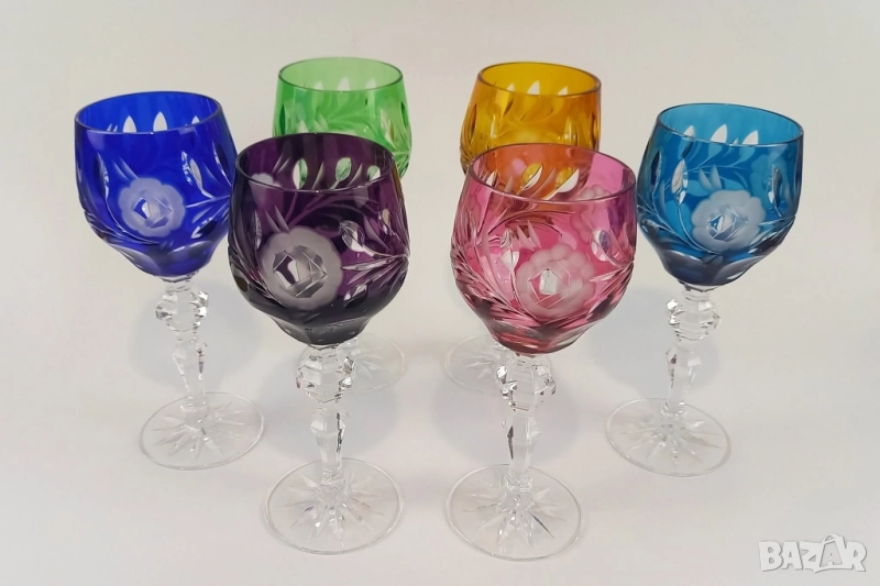 Комплект от 6 чаши цветен кристал, снимка 1