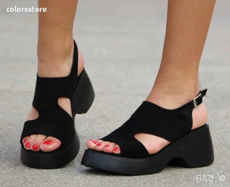 Сандали на платформа - черен велур с черно ходило - DSL77, снимка 1