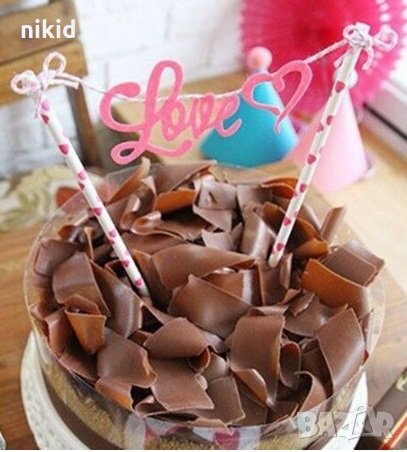 love розов филц Валентин топер сламки с надпис за за торта, снимка 1