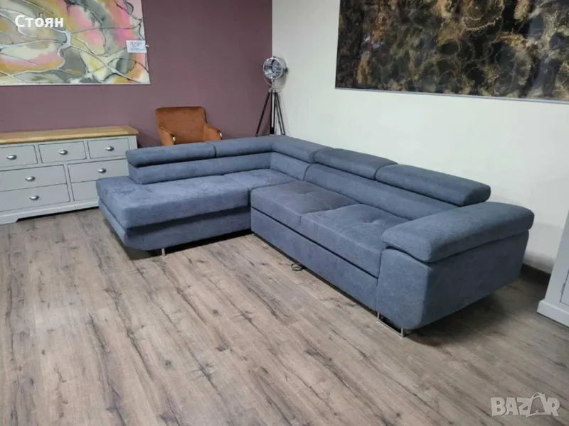 Сив ъглов диван от плат с фунция сън и ракла, снимка 1