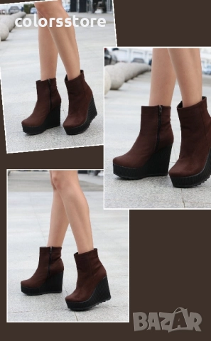 Боти на платформа - кафяв велур с черно ходило - BNP1 