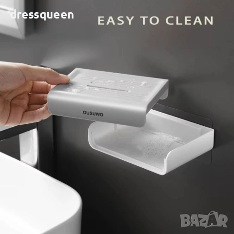 4436 Самозалепваща сапунерка с контейнер за оттичане – Бяло и Сиво (ABS), снимка 5 - Други стоки за дома - 53633025