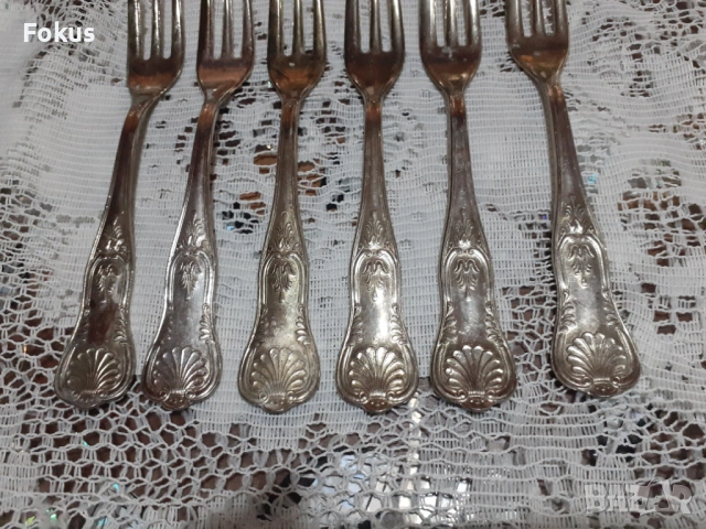 Стари антикварни посребрени прибори вилички 6 бр. маркирани, снимка 3 - Антикварни и старинни предмети - 53712096