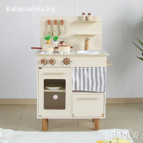 Детска дървена кухня Монтесори с 10 аксесоара, дървена кухня за игра, играчка за деца