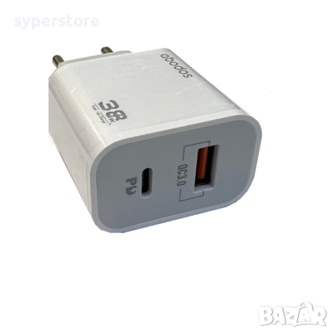 Зарядно за телефон адаптер 220V 38W USB3.0 + Type C  Digital One SP00924  abodos as-cs23 -5А Бързо з, снимка 1 - Безжични зарядни - 44740736