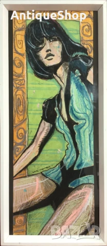 Картина, пастел, подписана, живопис, жена, портрет