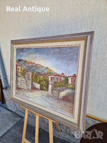 Прекрасна голяма антикварна авторска майсторска картина масло върху платно , снимка 7 - Картини - 51686409