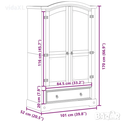 vidaXL Гардероб "Corona" 101x52x170 см, масивна дървесина, бор, снимка 9 - Гардероби - 56147398