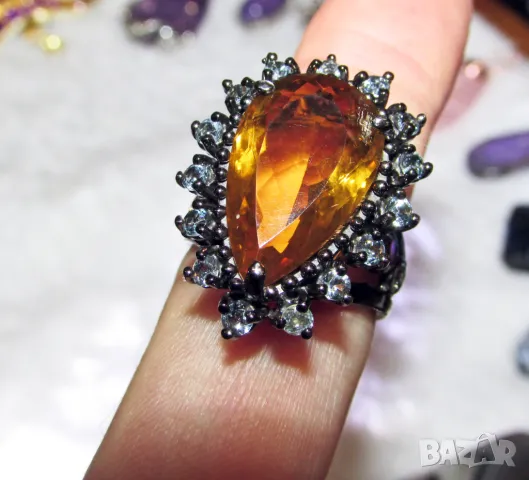 925 сребърен пръстен с натурален цитрин 18 карата, подходящ за подарък, снимка 6 - Пръстени - 50409566